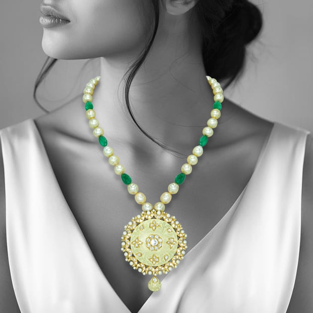 Ivory-Mint Enamel Pendant Necklace with Pearls and Emeralds